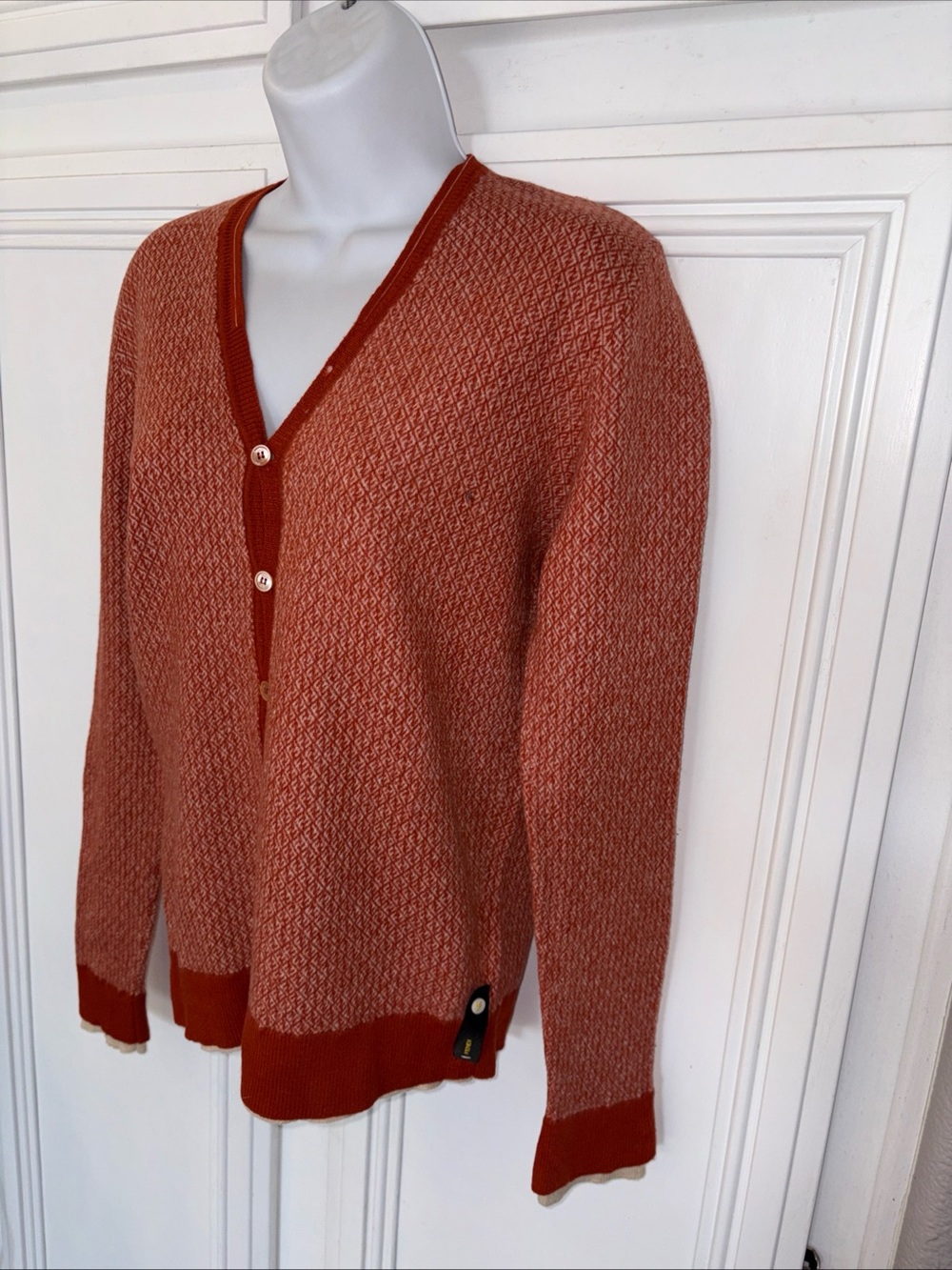 FENDI Zucca Logo Button Wool Cardigan Orange Sz 52 Virgin Wool Women  Holes!!
